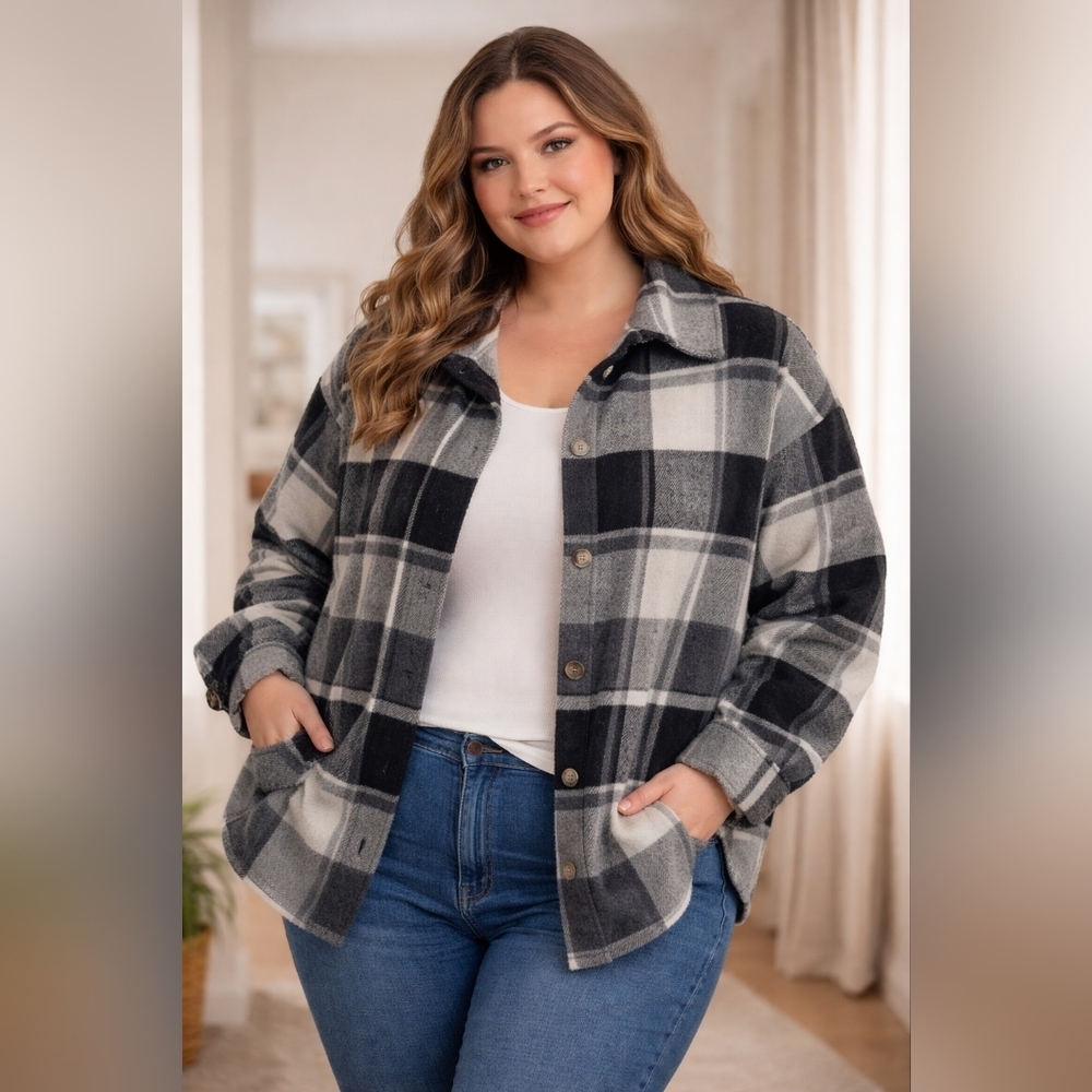 NWT Plaid Button-Down Shacket Jacket – Gray & Black | Women’s Size Large